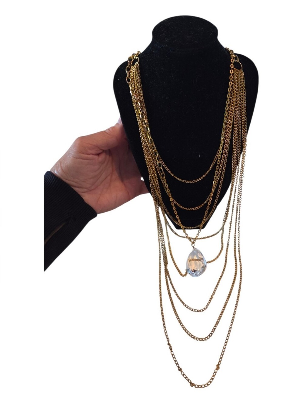 Multi-Strand Gold Layered Chain Necklace with Teardrop Crystal